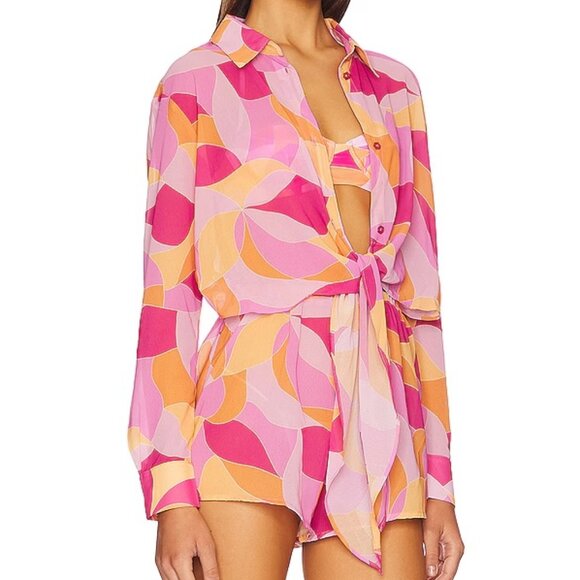 Lovers + Friends Feelin Groovy Fuchsia Geo Sheer Romper Cover up XS Vacation - Picture 2 of 9